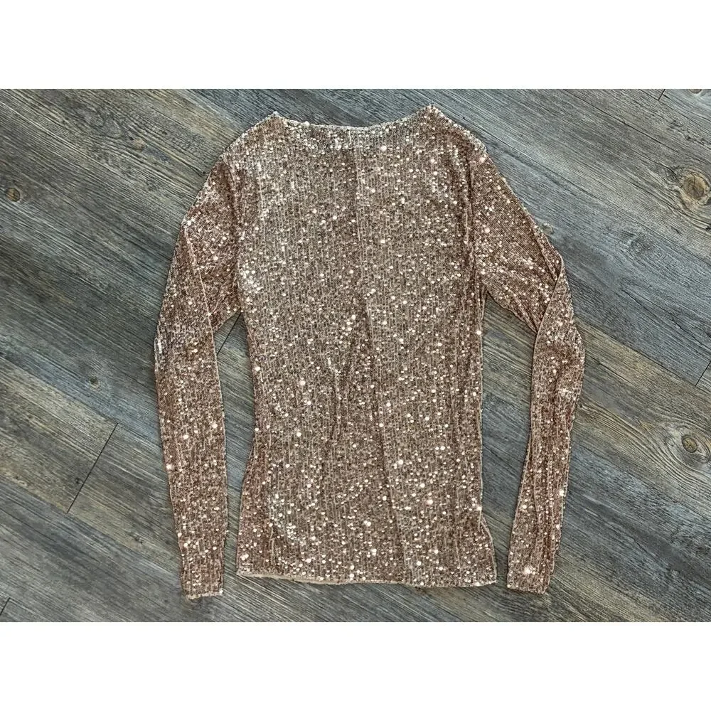 NWT Free People Intimately Small Champagne Sequins Long Sleeve Top Date Night